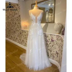 Roycebridal 2025 Robe Mariage A Line Boho Wedding Dress with V Neck Lace Appliqued Spaghetti Straps Sweep vestido para boda playa elegant