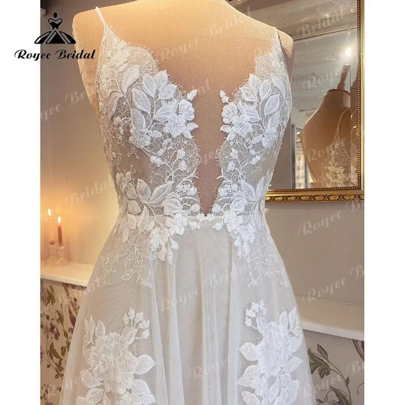 Roycebridal 2025 Robe Mariage A Line Boho Wedding Dress with V Neck Lace Appliqued Spaghetti Straps Sweep vestido para boda playa elegant