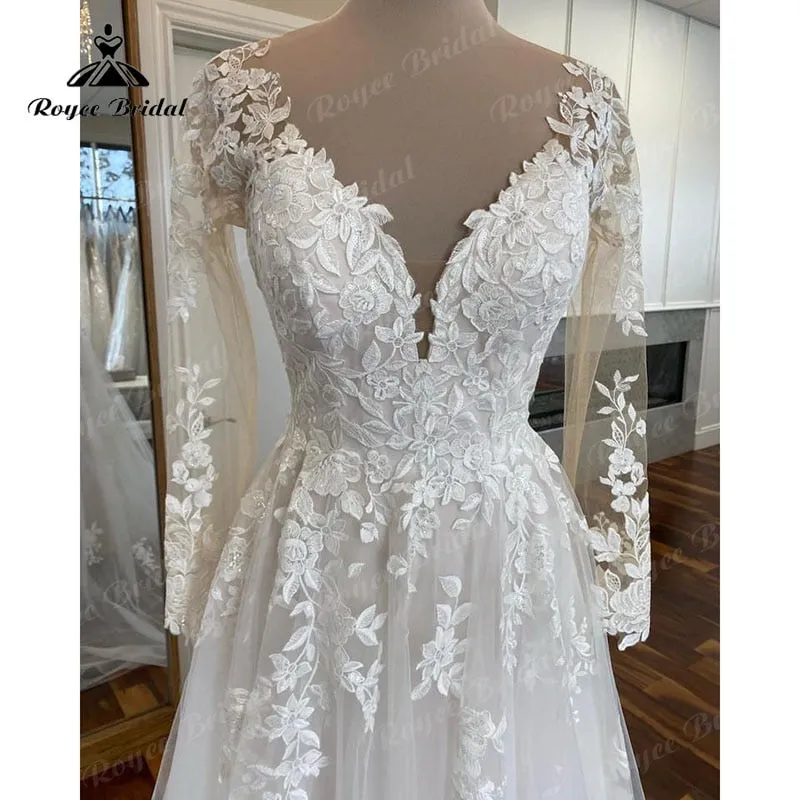 Roycebridal Boho Long Sleeve Lace Applqiues V Neck Open Back Wedding Dress for Women Sweep Train 2025 Vestidos Fiesta Robe Civil Bridal Gown