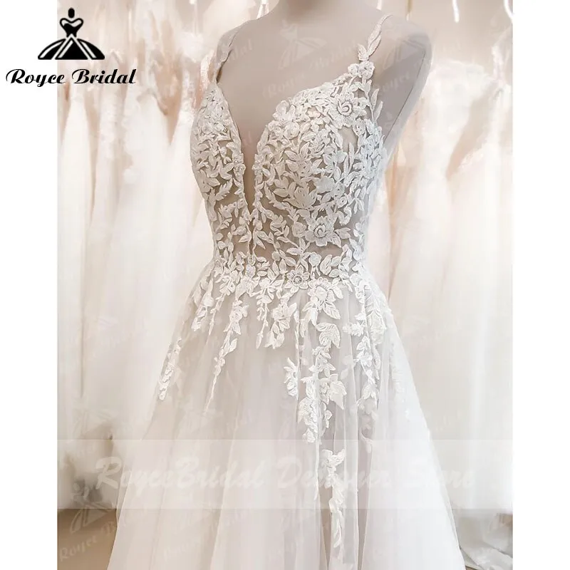 Roycebridal Vintage Bohemian  A Line Wedding Dress Beach Lace Spaghetti Straps V Neck Backless Boho Bridal Wedding Gown Vestidos De Noiva