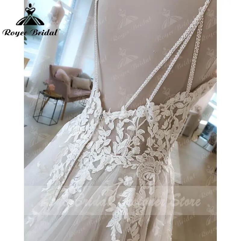 Roycebridal Vintage Bohemian  A Line Wedding Dress Beach Lace Spaghetti Straps V Neck Backless Boho Bridal Wedding Gown Vestidos De Noiva