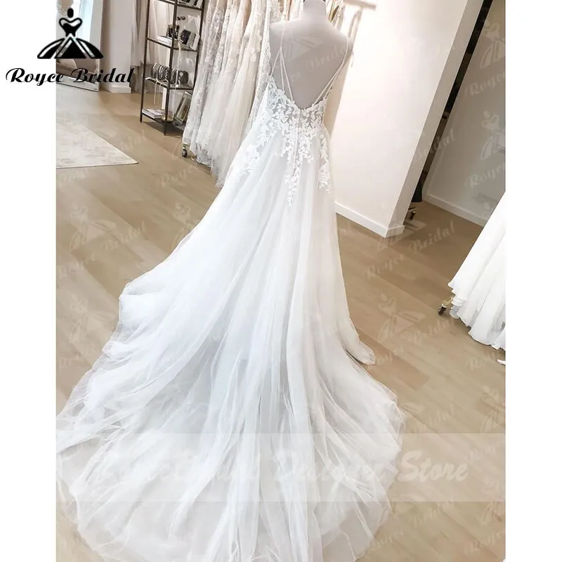 Roycebridal Vintage Bohemian  A Line Wedding Dress Beach Lace Spaghetti Straps V Neck Backless Boho Bridal Wedding Gown Vestidos De Noiva