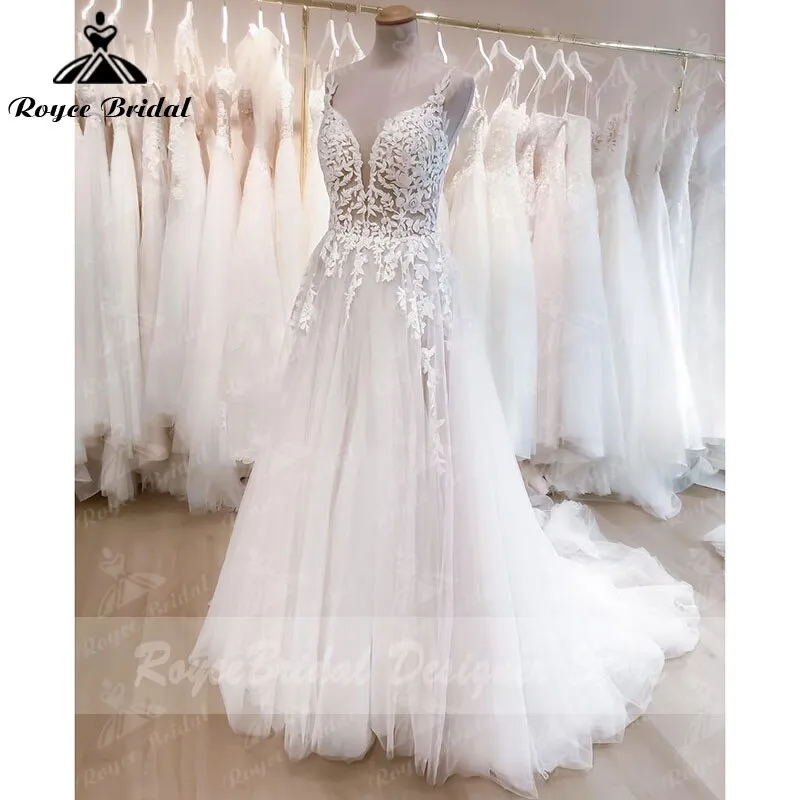 Roycebridal Vintage Bohemian  A Line Wedding Dress Beach Lace Spaghetti Straps V Neck Backless Boho Bridal Wedding Gown Vestidos De Noiva