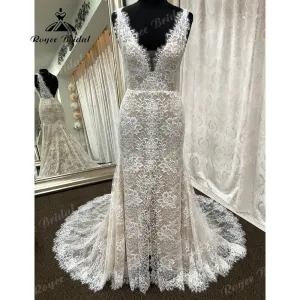 Roycebridal Vintage Lace Backless Mermaid/Trumpet Boho Champagne lining Wedding Dress for Women Bridal Gown vestido de boda corte sirena