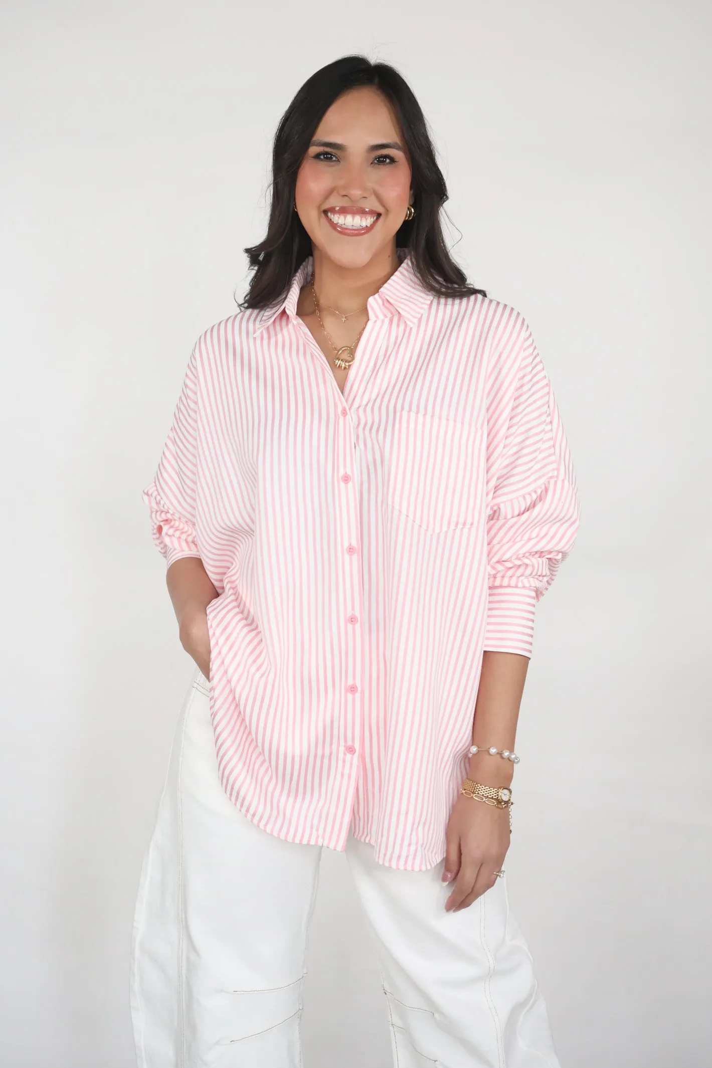 Seaside Stroll Pink Striped Button Top