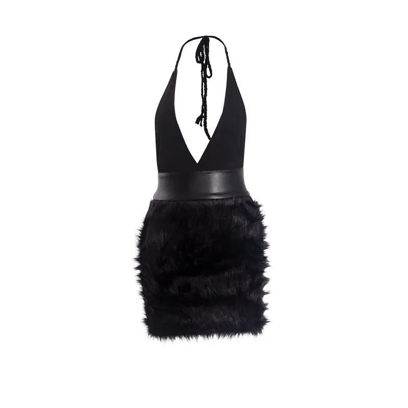 Sedrinuo Dresses Party Night Club Dress Fashion Fur Deeps V neck Off the Shoulder Bodycon Backless Women Dresses