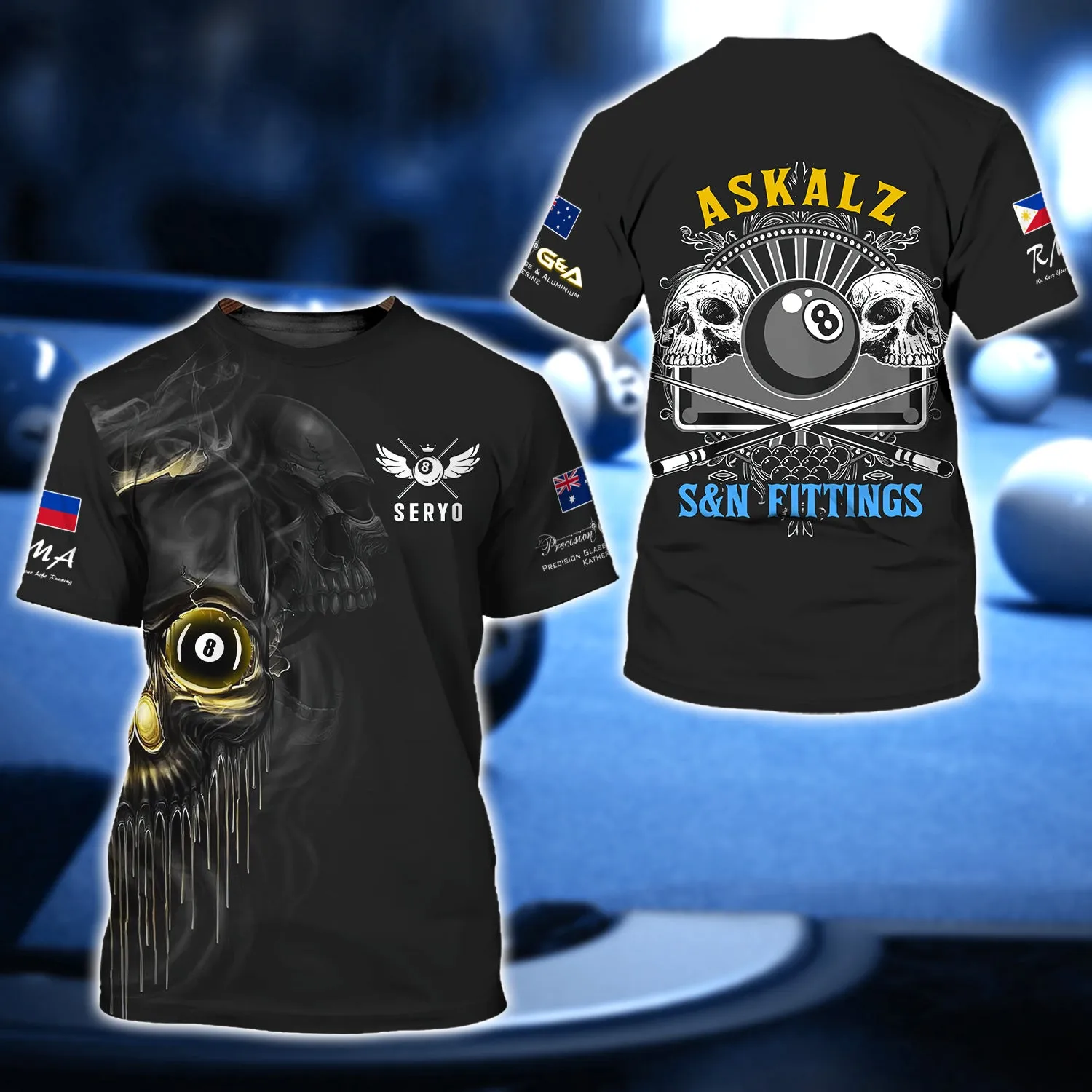 SERYO - ASKALZ S&N FITTINGS Billiard Skull 8 Ball 3D Shirt - QB95