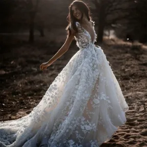 Sexy Bohemian Wedding Dress Short Sleeves Deep V Neck 3d Floral Appliques Bridal Gowns Backless Vestido De Noiva Lorie