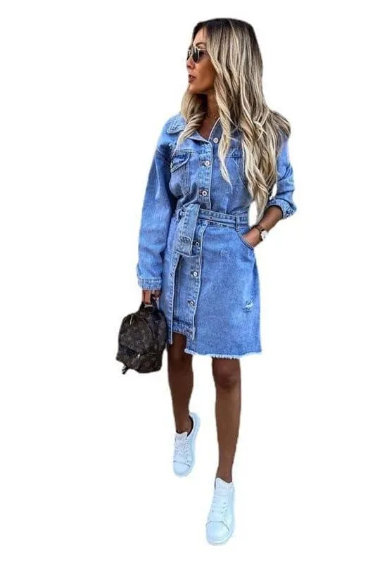 Sexy denim belt pocket slim dress