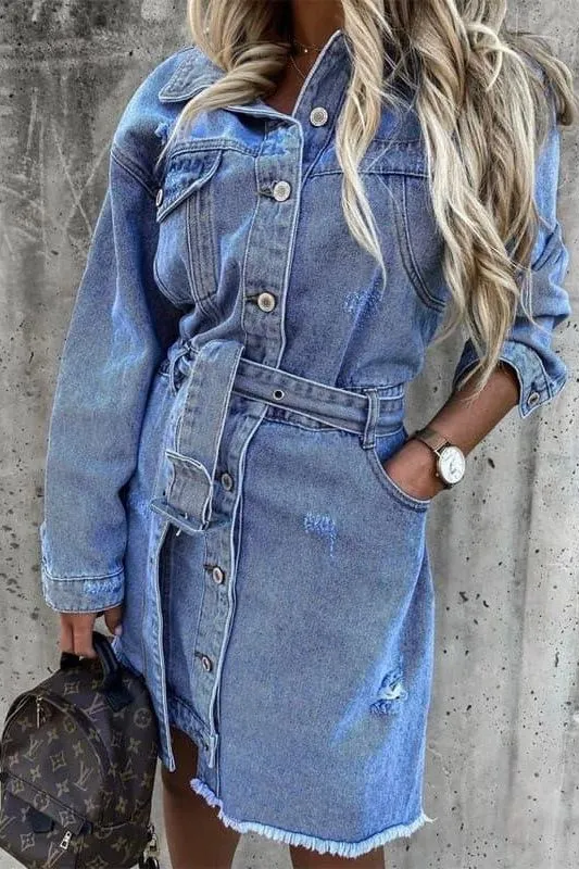 Sexy denim belt pocket slim dress