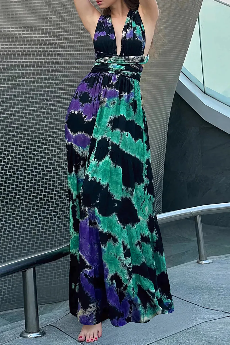 Sexy Tie Dye Print Cross Straps Contrast V Neck Sleeveless Dresses（A variety of binding methods）(3 Colors)