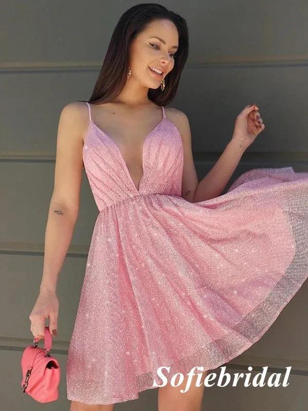 Sexy Tulle Spaghetti Straps V-Neck Open Back A-Line Mini Dresses/ Homecoming Dresses, HD0261