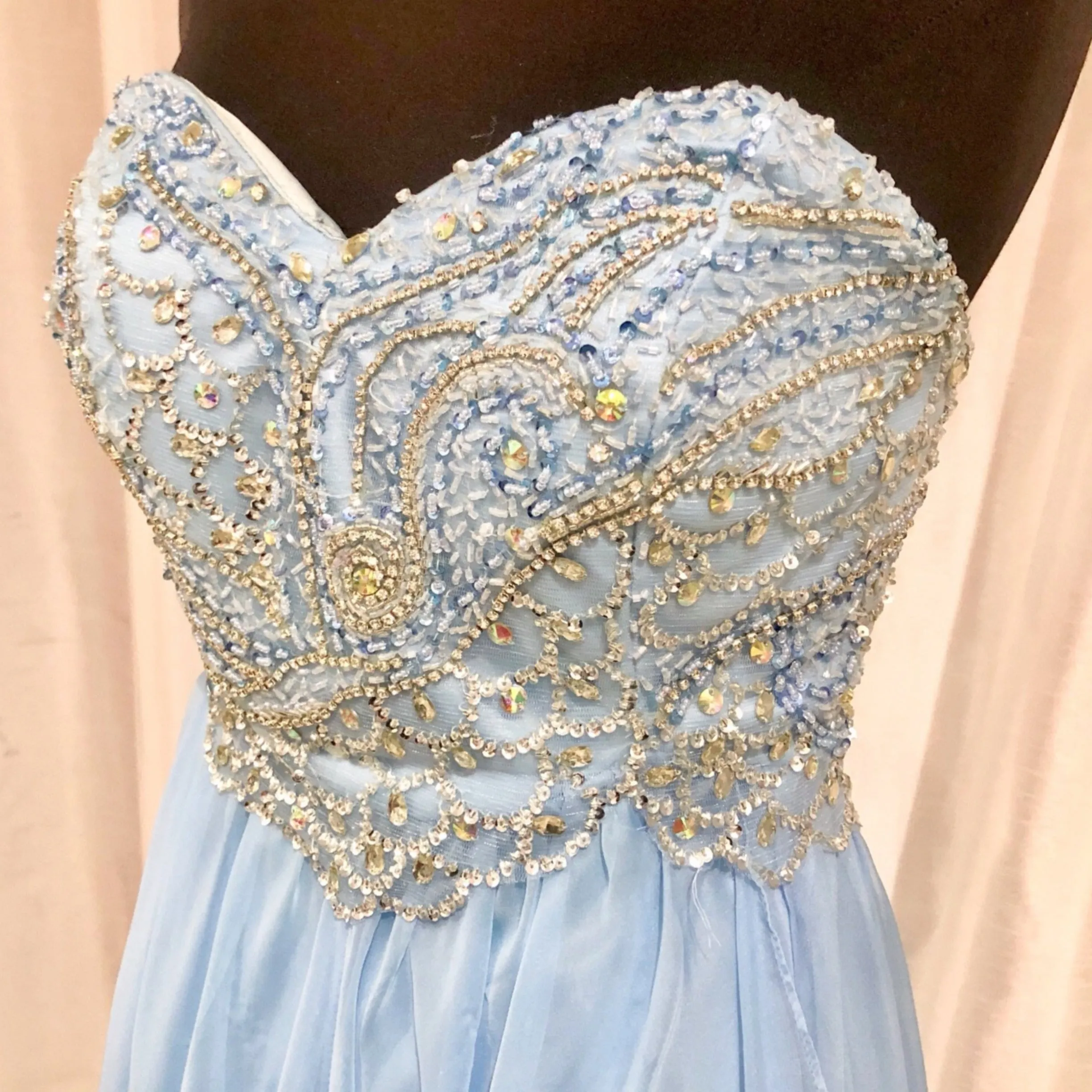 SHERRI HILL 3802 Aqua Blue Long Strapless Beaded Evening Dress Size 12