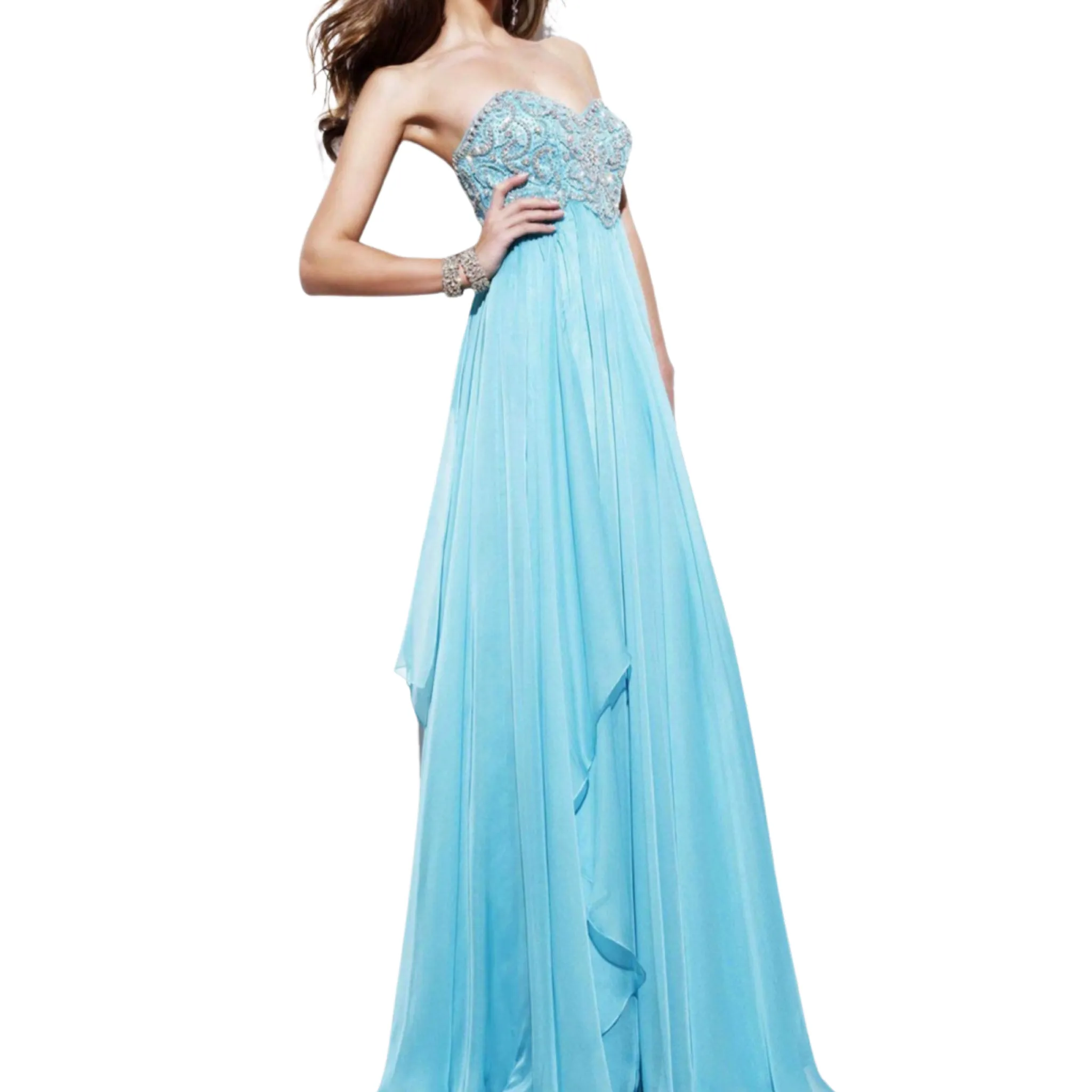 SHERRI HILL 3802 Aqua Blue Long Strapless Beaded Evening Dress Size 12
