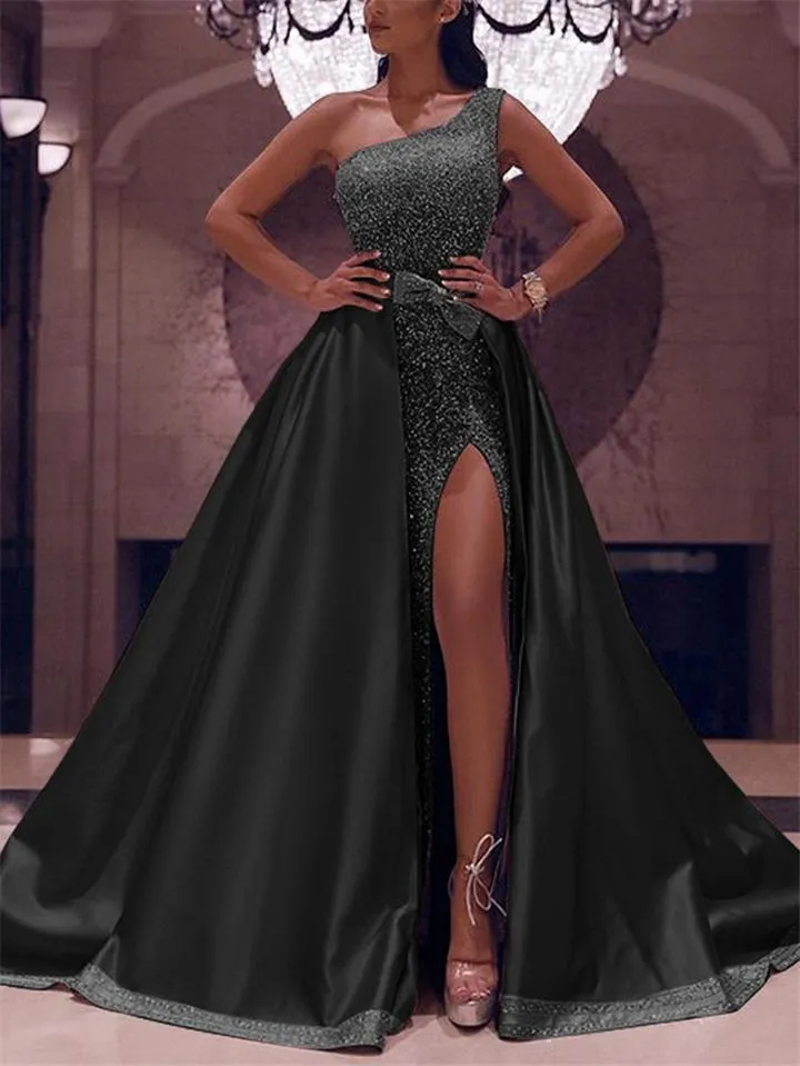 Shimmering Sequined One Shoulder Thigh High Slit Dress for Prom