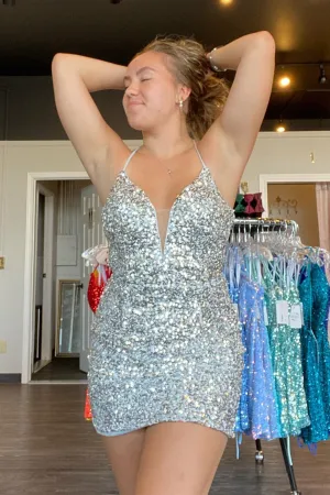 Silver Sequin V Neck Straps Tight Mini Dress