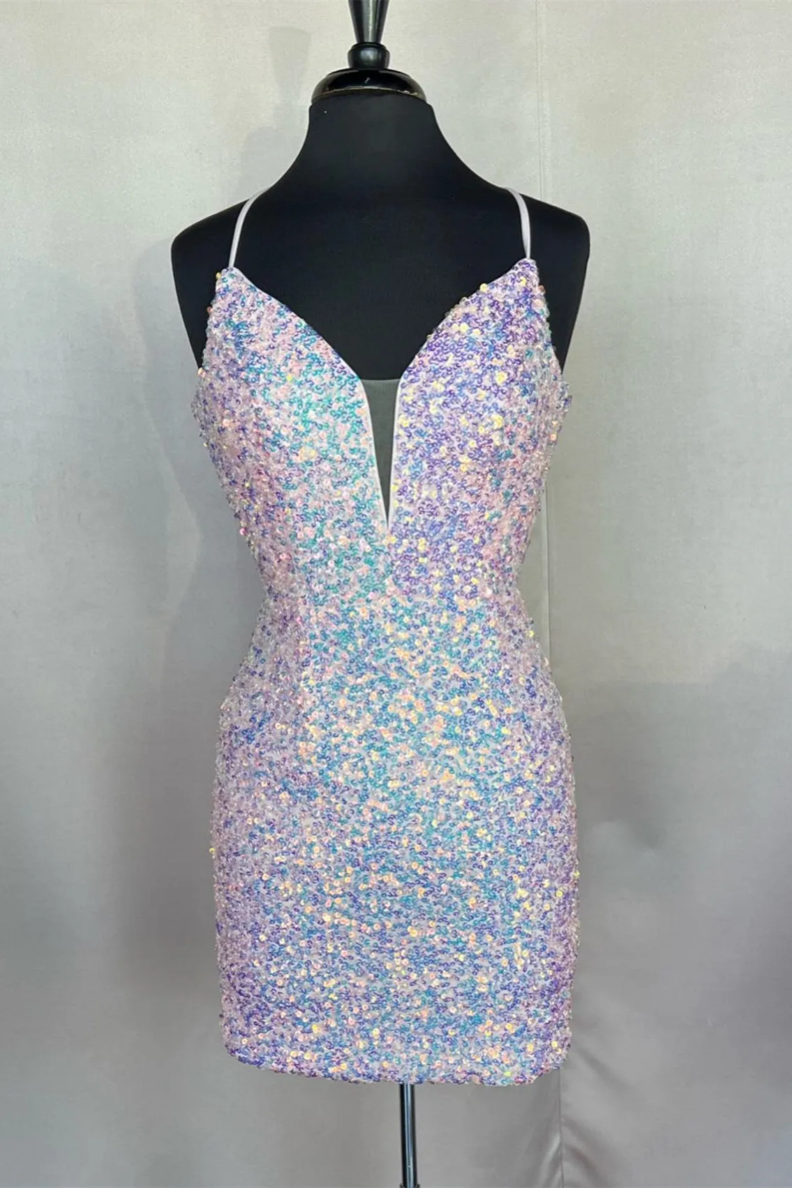 Silver Sequin V Neck Straps Tight Mini Dress