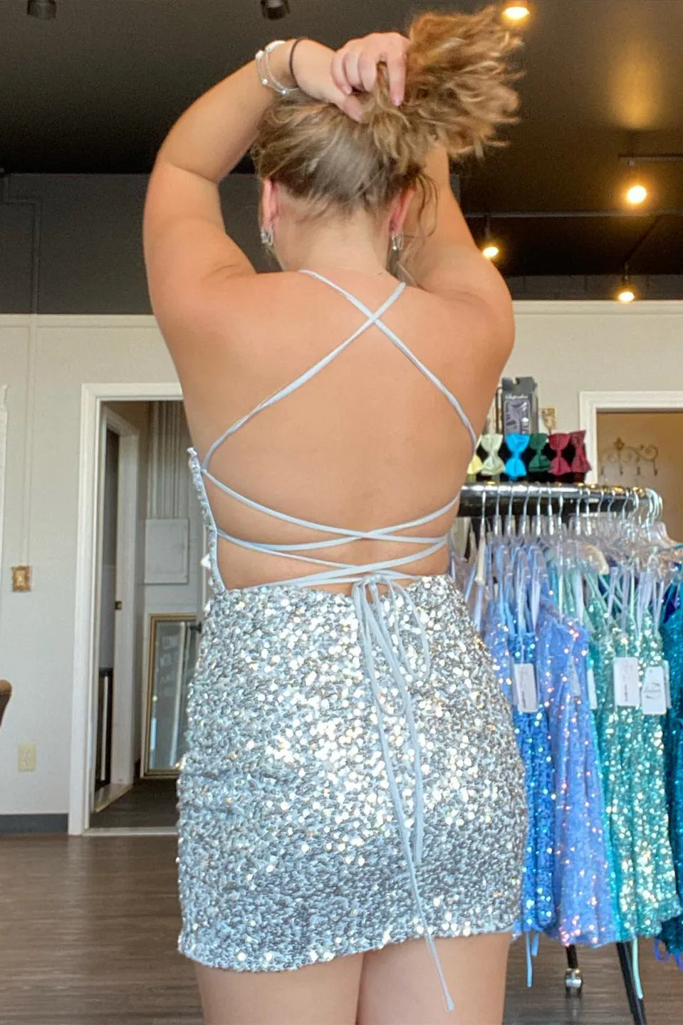 Silver Sequin V Neck Straps Tight Mini Dress