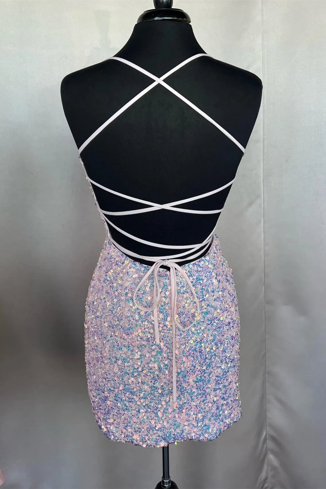 Silver Sequin V Neck Straps Tight Mini Dress