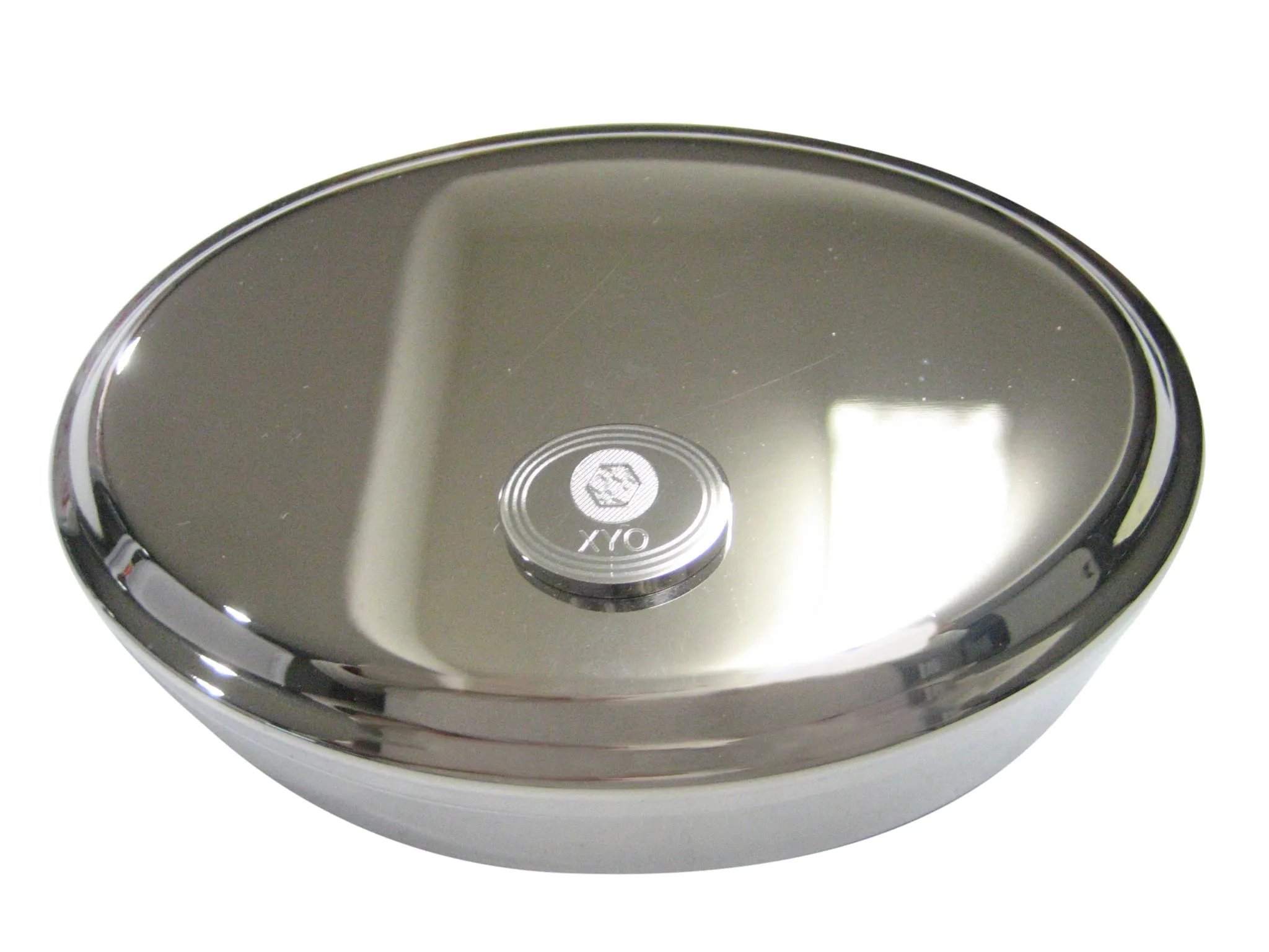 Silver Toned Oval Pendant Etched XYO Coin Cryptocurrency Blockchain Oval Trinket Jewelry Box