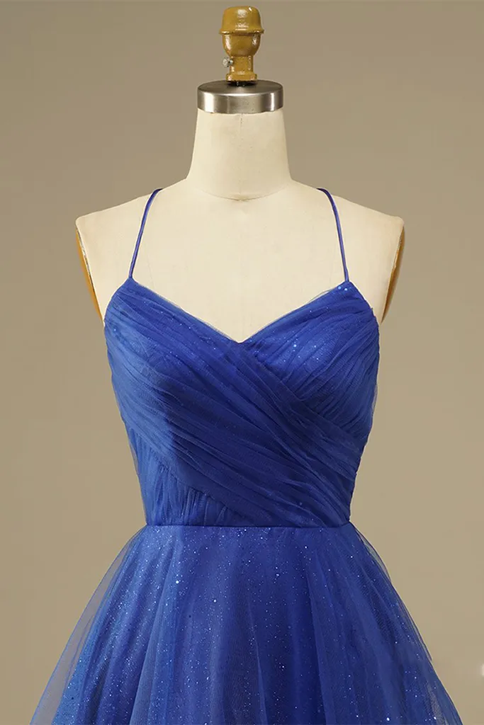 Simple Blue Straps A-line Pleated Short Homecoming Dress