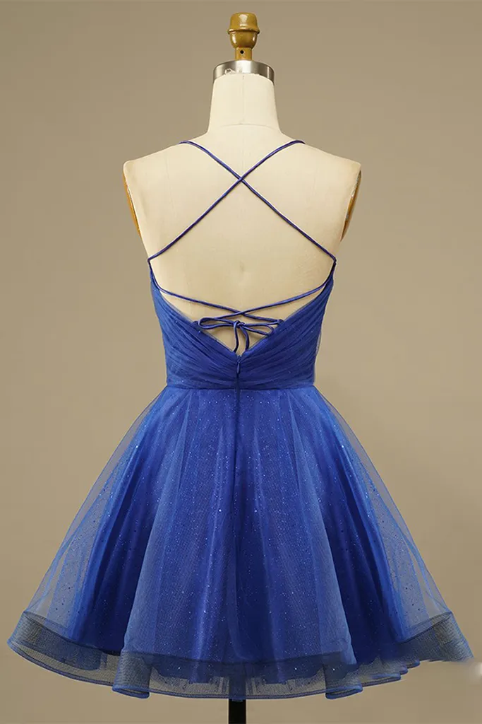 Simple Blue Straps A-line Pleated Short Homecoming Dress