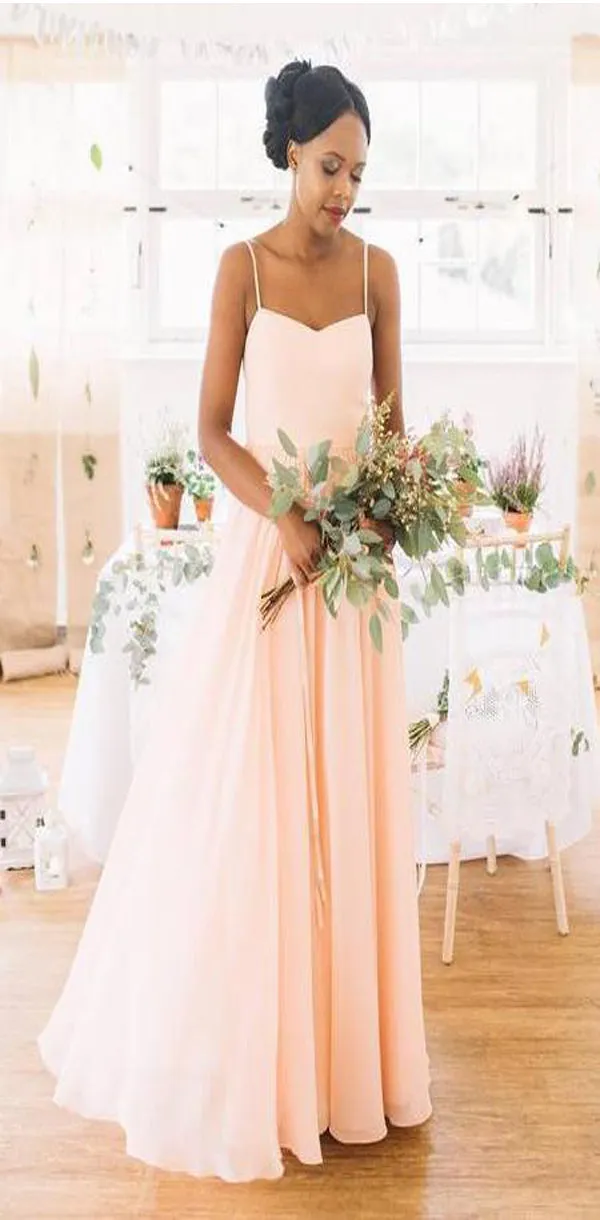 Simple Pink Straps V Neck Free Custom Chiffon Long Bridesmaid Dresses,  Wedding Party Dress, WG506