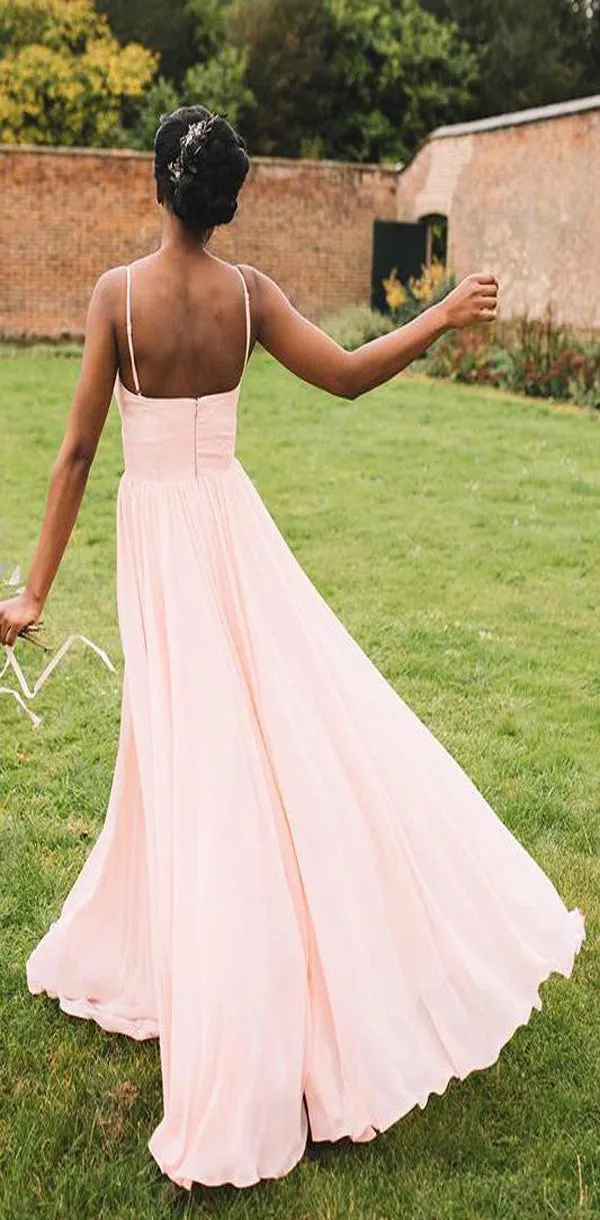 Simple Pink Straps V Neck Free Custom Chiffon Long Bridesmaid Dresses,  Wedding Party Dress, WG506