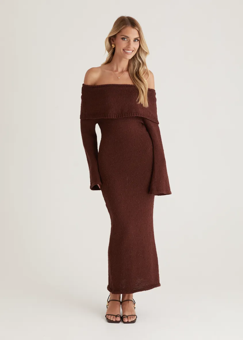 Sky Off Shoulder Knit Midi Dress - Chocolate