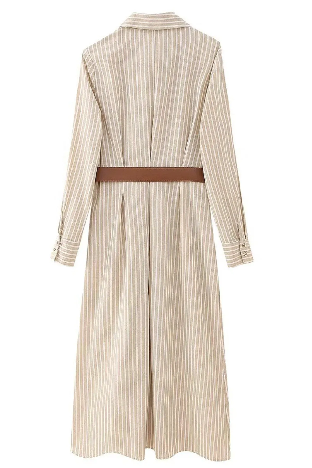 SKYLAR Striped Button-Down Dress W/ Belt (Latte Brown)