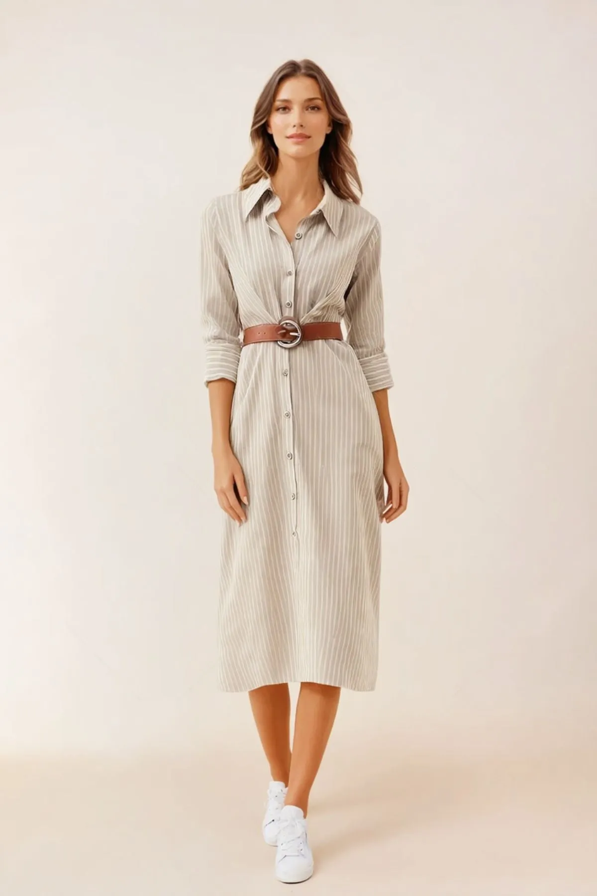 SKYLAR Striped Button-Down Dress W/ Belt (Latte Brown)