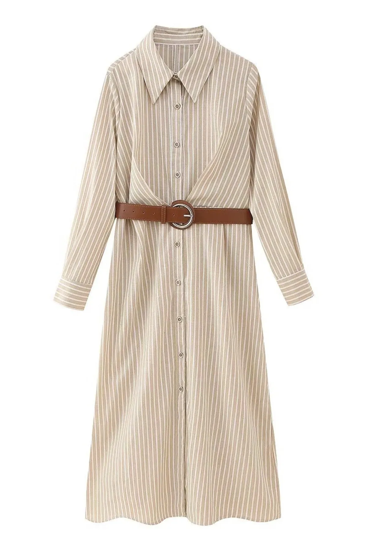 SKYLAR Striped Button-Down Dress W/ Belt (Latte Brown)