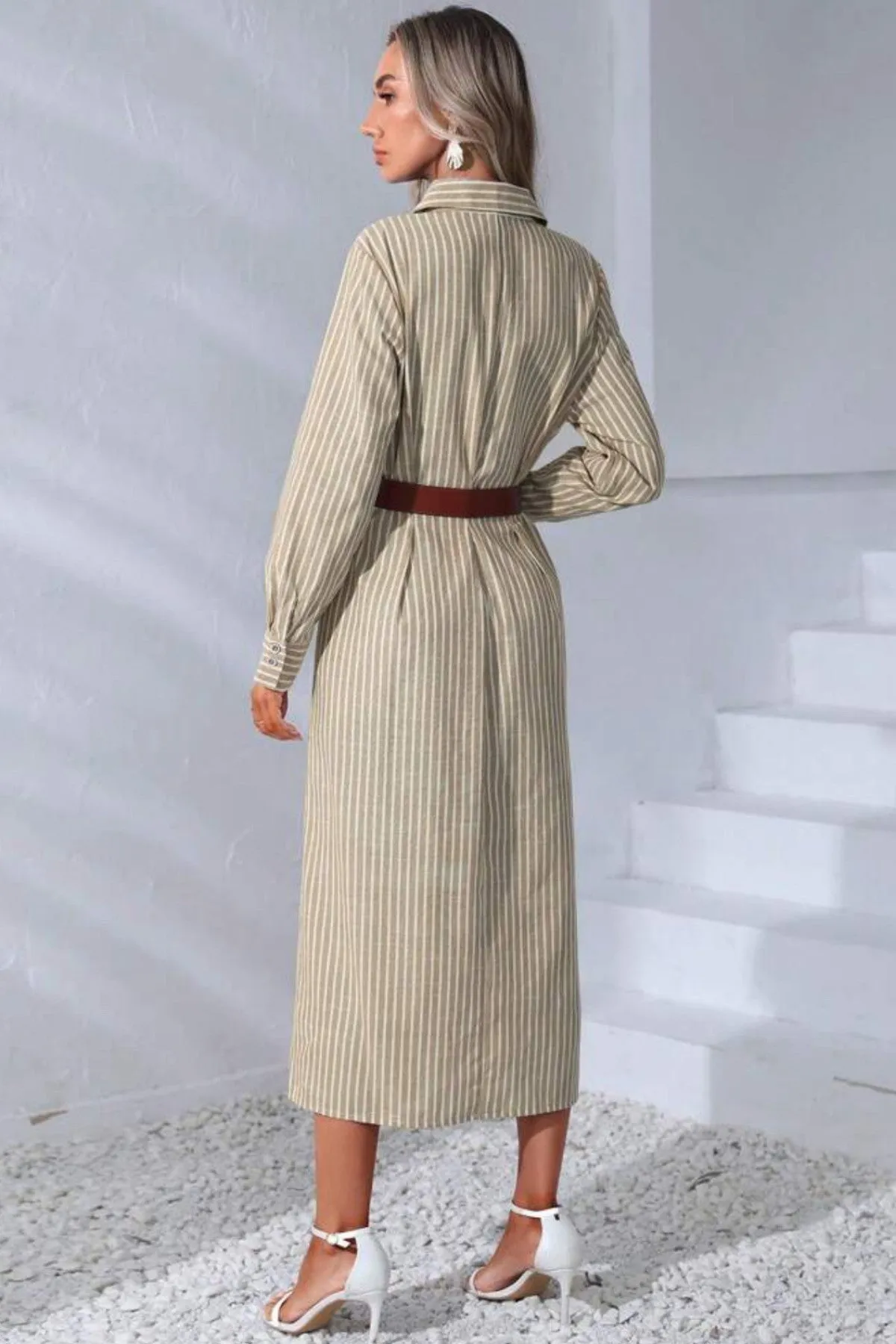 SKYLAR Striped Button-Down Dress W/ Belt (Latte Brown)