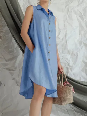 Sleeveless Button-Down Shirt Dress with Solid Print