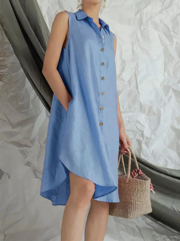 Sleeveless Button-Down Shirt Dress with Solid Print
