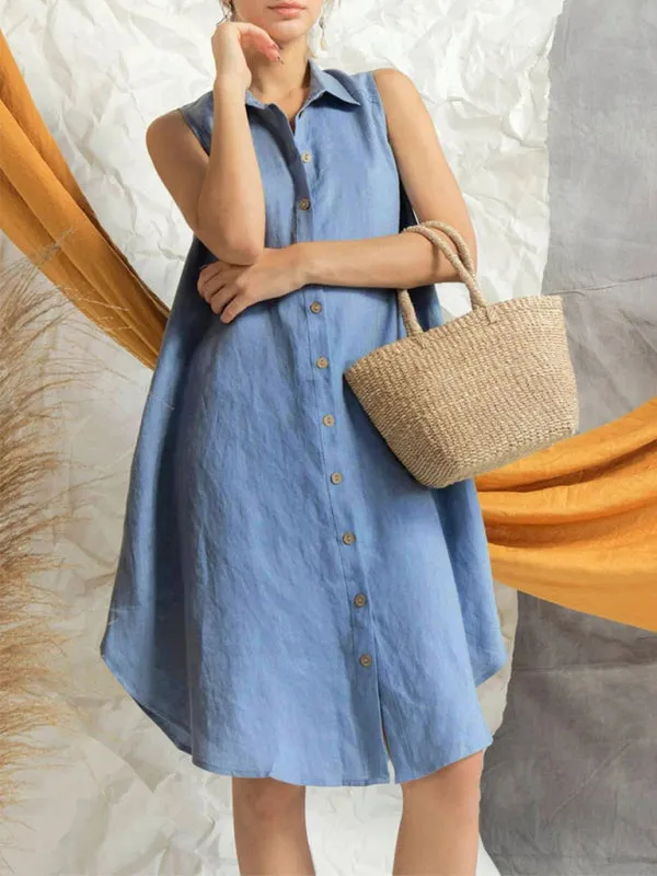 Sleeveless Button-Down Shirt Dress with Solid Print