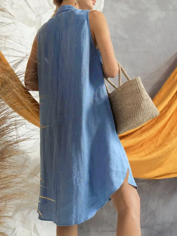 Sleeveless Button-Down Shirt Dress with Solid Print