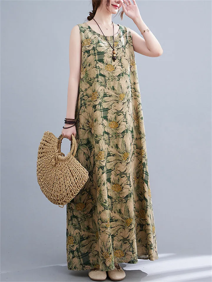 Sleeveless Floral Linen Dresses for Women