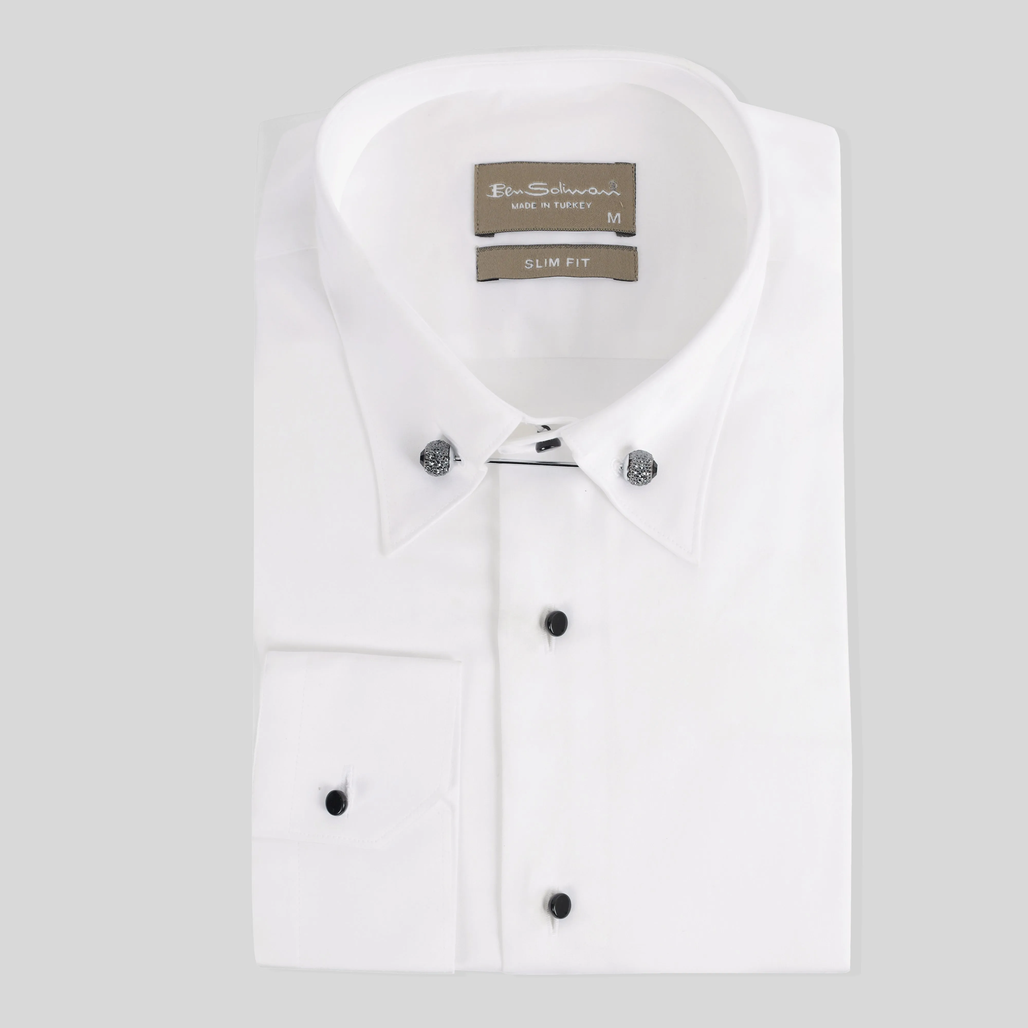 Slim Fit White Cotton Shirt - Pin Collar-Turkish Made
