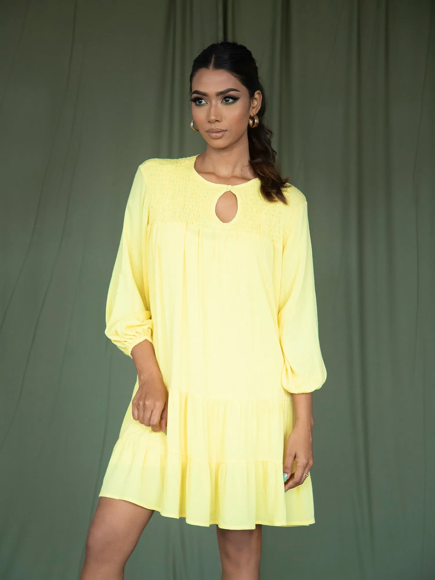 Smocked Detail Loose Fit Mini Dress
