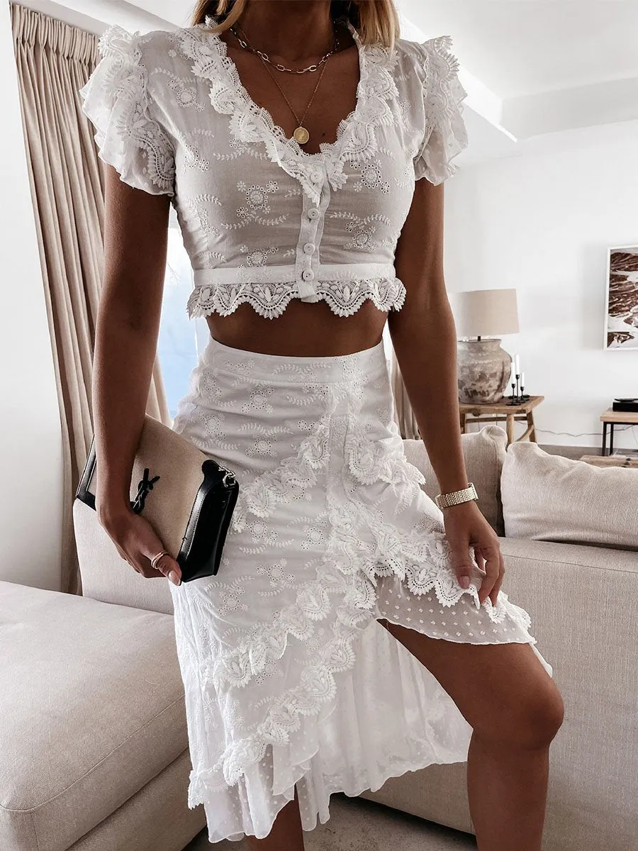 Solid V-neck Ruffle Lace High-low Dress Set