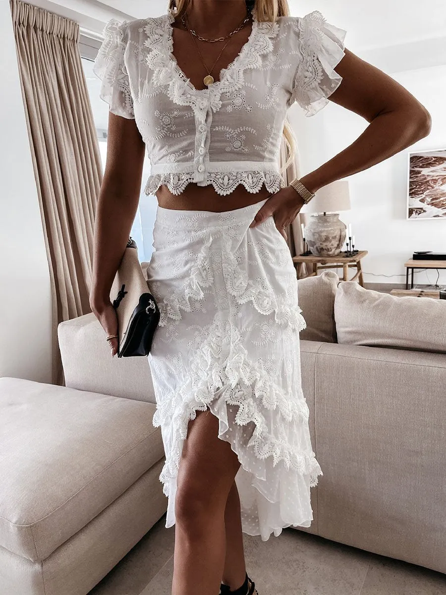 Solid V-neck Ruffle Lace High-low Dress Set
