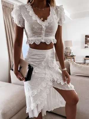 Solid V-neck Ruffle Lace High-low Dress Set
