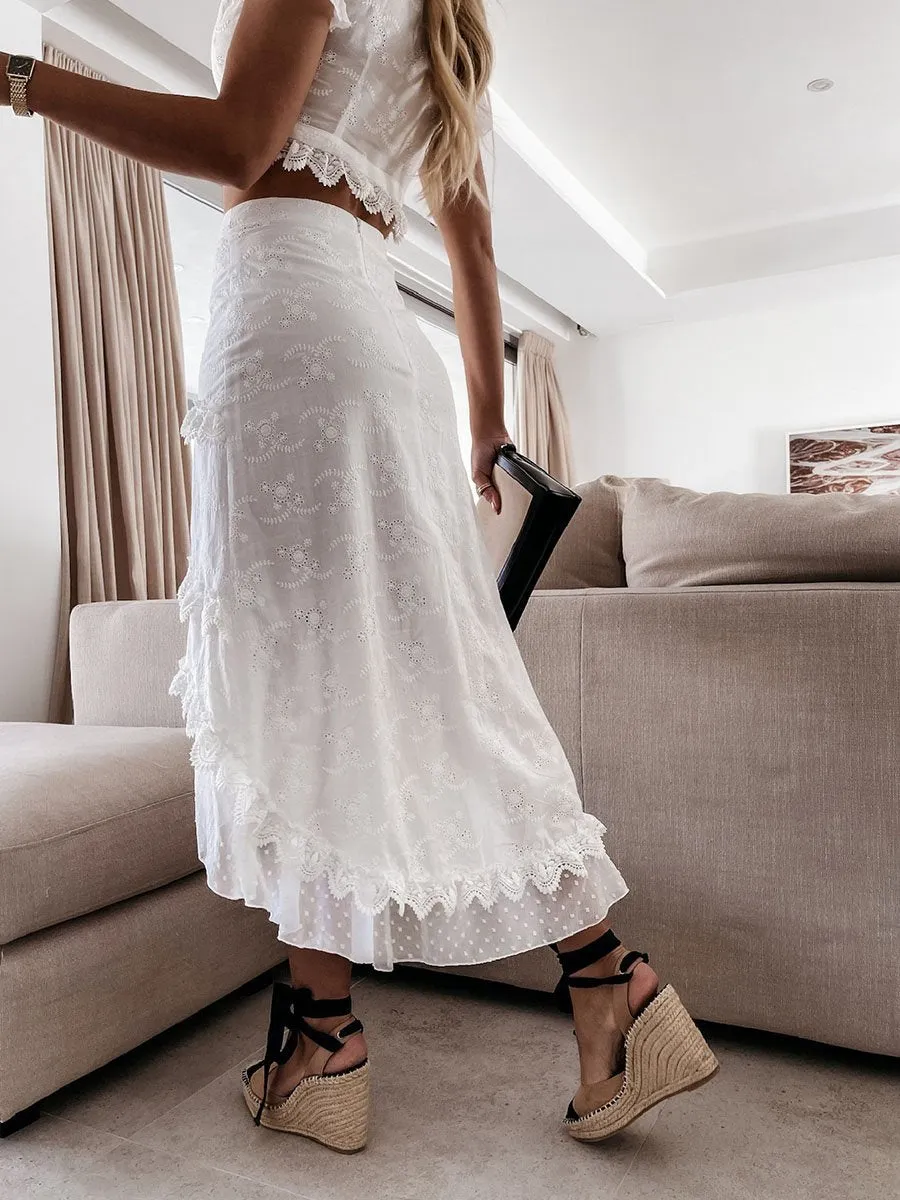 Solid V-neck Ruffle Lace High-low Dress Set