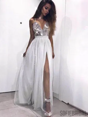 Spaghetti Sequin Prom Dresses, Side Slit Prom Dresses, Cheap Prom Dresses, PD0718