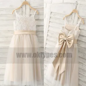 Spaghetti Strap Long Tulle Flower Girl Dresses With Bow, Flower Girl Dresses, TYP0742
