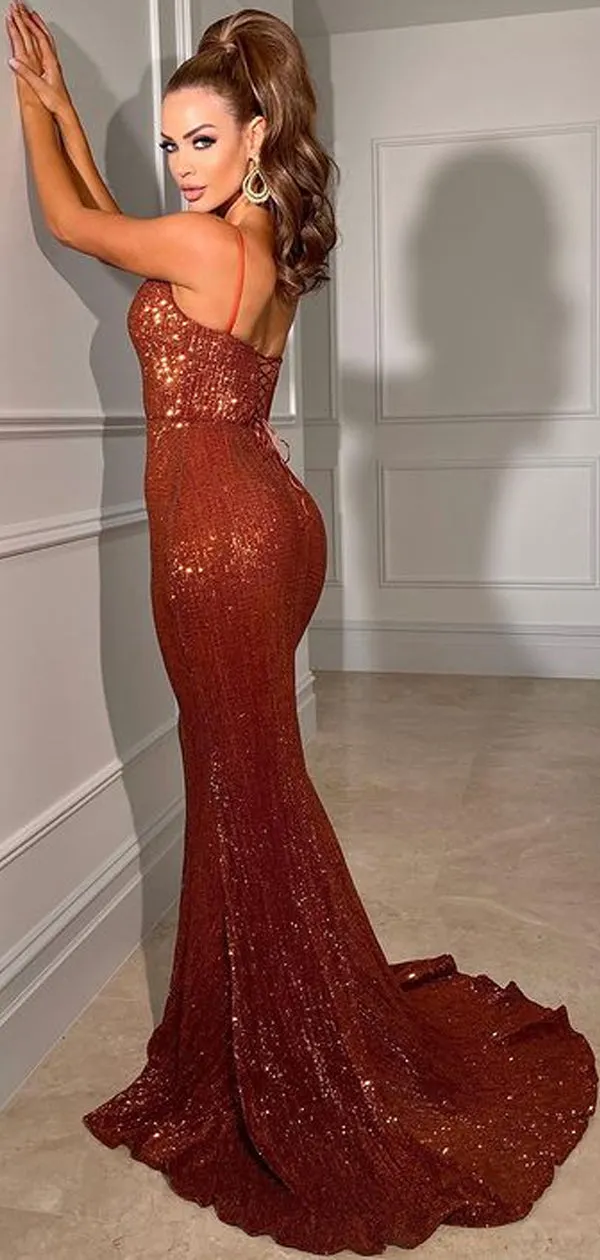 Spaghetti Strap Mermaid Sparkly Long Prom Dresses, PDS0179