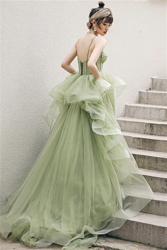 Spaghetti Straps A-line Sage Green Long Formal Dress