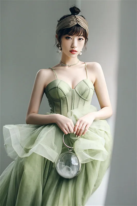 Spaghetti Straps A-line Sage Green Long Formal Dress