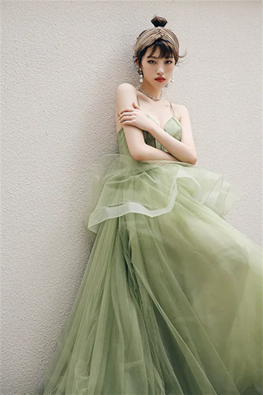 Spaghetti Straps A-line Sage Green Long Formal Dress